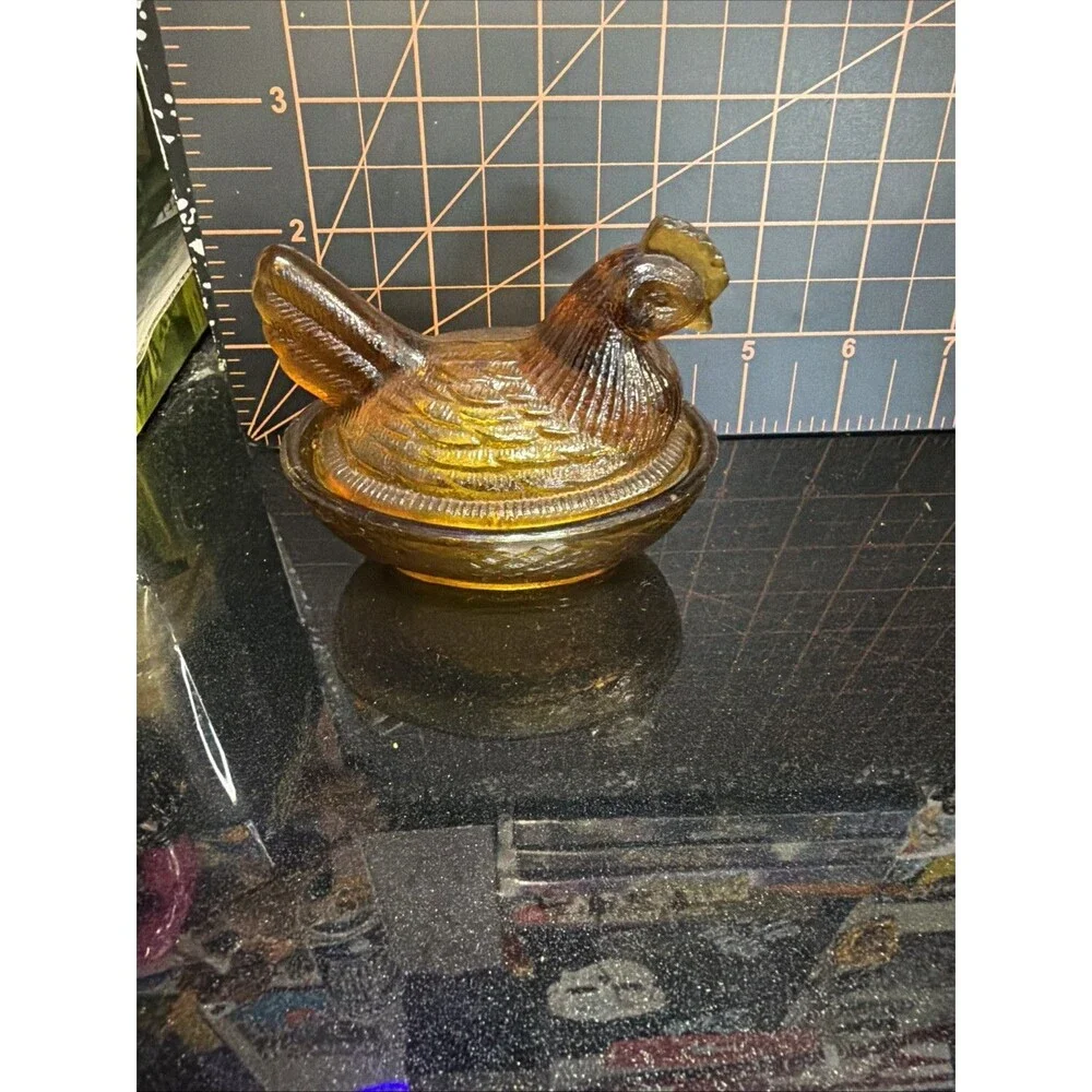 intage Amber Glass Mini Hen on Nest Covered Dish 3 Inch Chicken Trinket